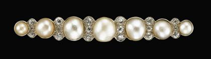 Appraisal: Gold and platinum topped diamond and natural pearl bar brooch