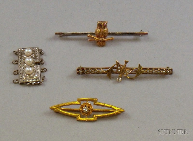 Appraisal: Three Gold and Gem-set Pins and a Silver and Pearl