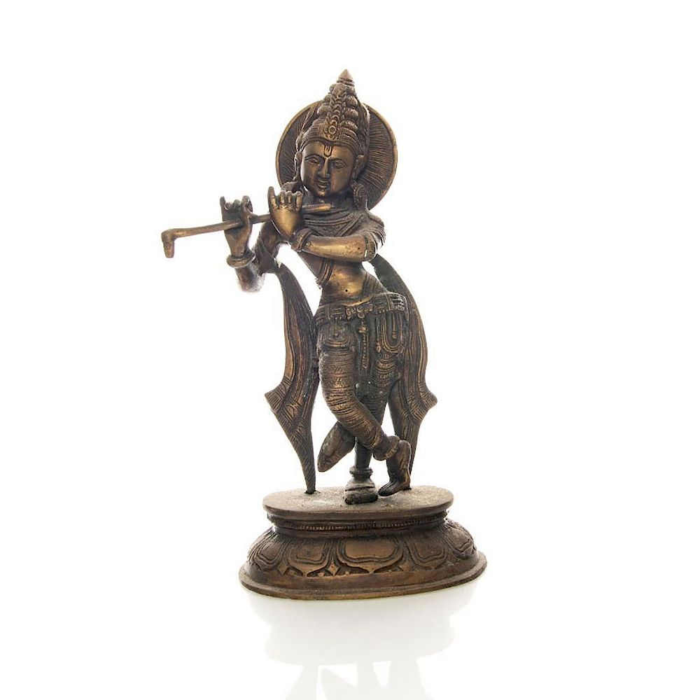 Appraisal: LORD KRISHNA BRONZE STATUE PLAYING FLUTE Hand molded Hindu god