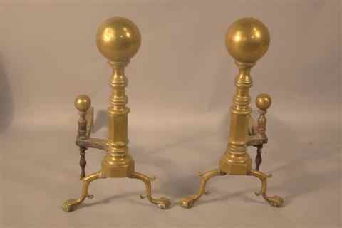 Appraisal: PAIR OF VICTORIAN BRASS CANNONBALL ANDIRONS th century with ring