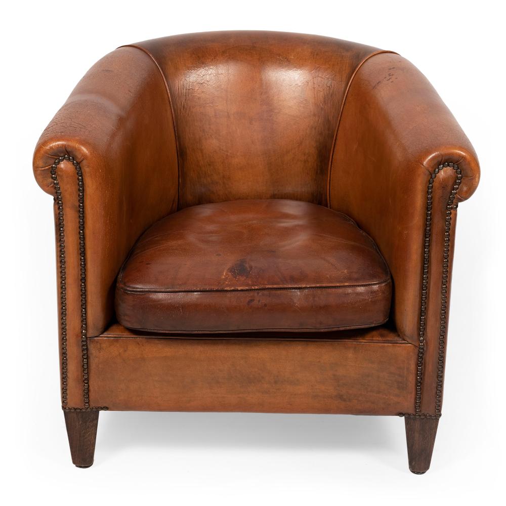 Appraisal: BROWN LEATHER UPHOLSTERED CLUB CHAIR MID- TH CENTURY BACK HEIGHT