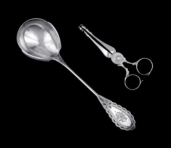 Appraisal: American coin silver ladle and sugar nips th century sauce