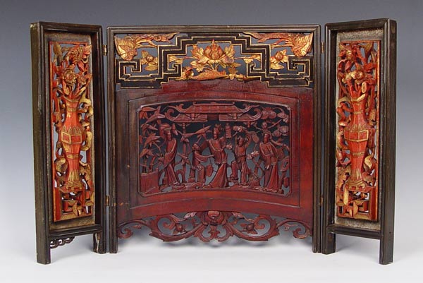 Appraisal: CARVED CHINESE PANEL TABLE SCREEN Remains of red painted finish