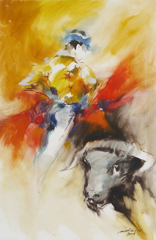 Appraisal: ABSTRACT BULL FIGHT PAINTING FILIPIANO ARTIST Oil Canvas mounted to