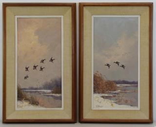 Appraisal: STEVENS George Two Oils on Canvas Ducks Over a Winter