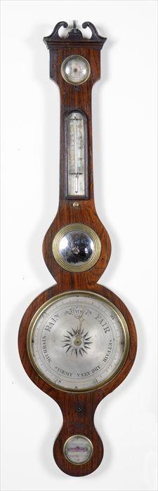 Appraisal: REGENCY ROSEWOOD WHEEL BAROMETER Signed Mesure Shaftesbury the scrolled pediment