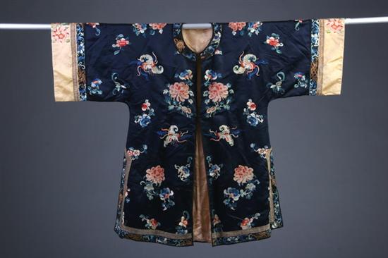 Appraisal: CHINESE EMBROIDERED DARK BLUE SILK ROBE Qing Dynasty Worked in