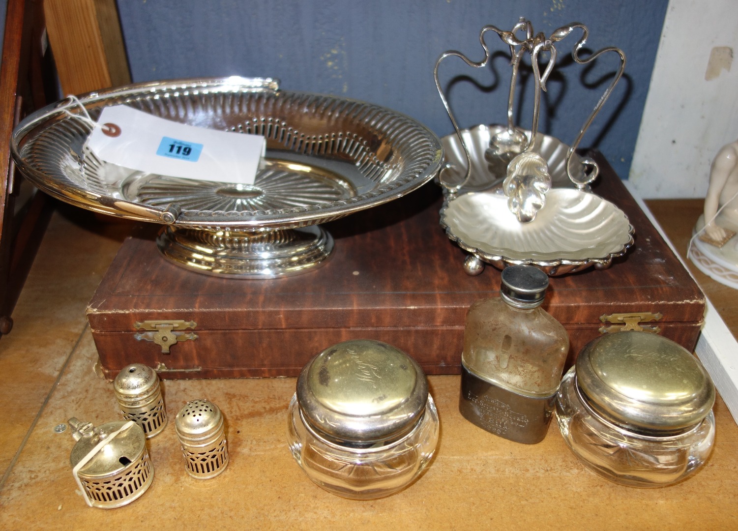 Appraisal: An electroplate mounted dressing table set inscribed 'Marjorie' a cake