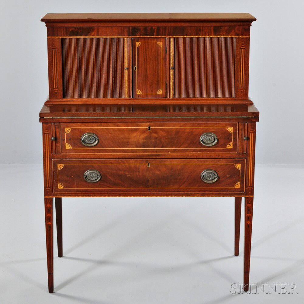 Appraisal: Neoclassical-style Tambour Desk th century mahogany superstructure with two tambour