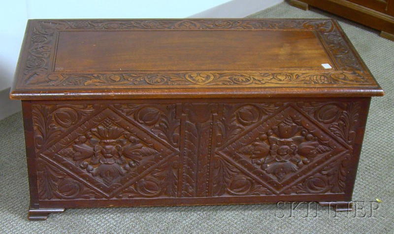 Appraisal: Jacobean-style Carved Mahogany Dovetail-constructed Storage Box ht lg in