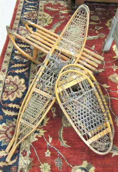 Appraisal: VINTAGE SNOWSHOES AND SLED including two pair of wood frame