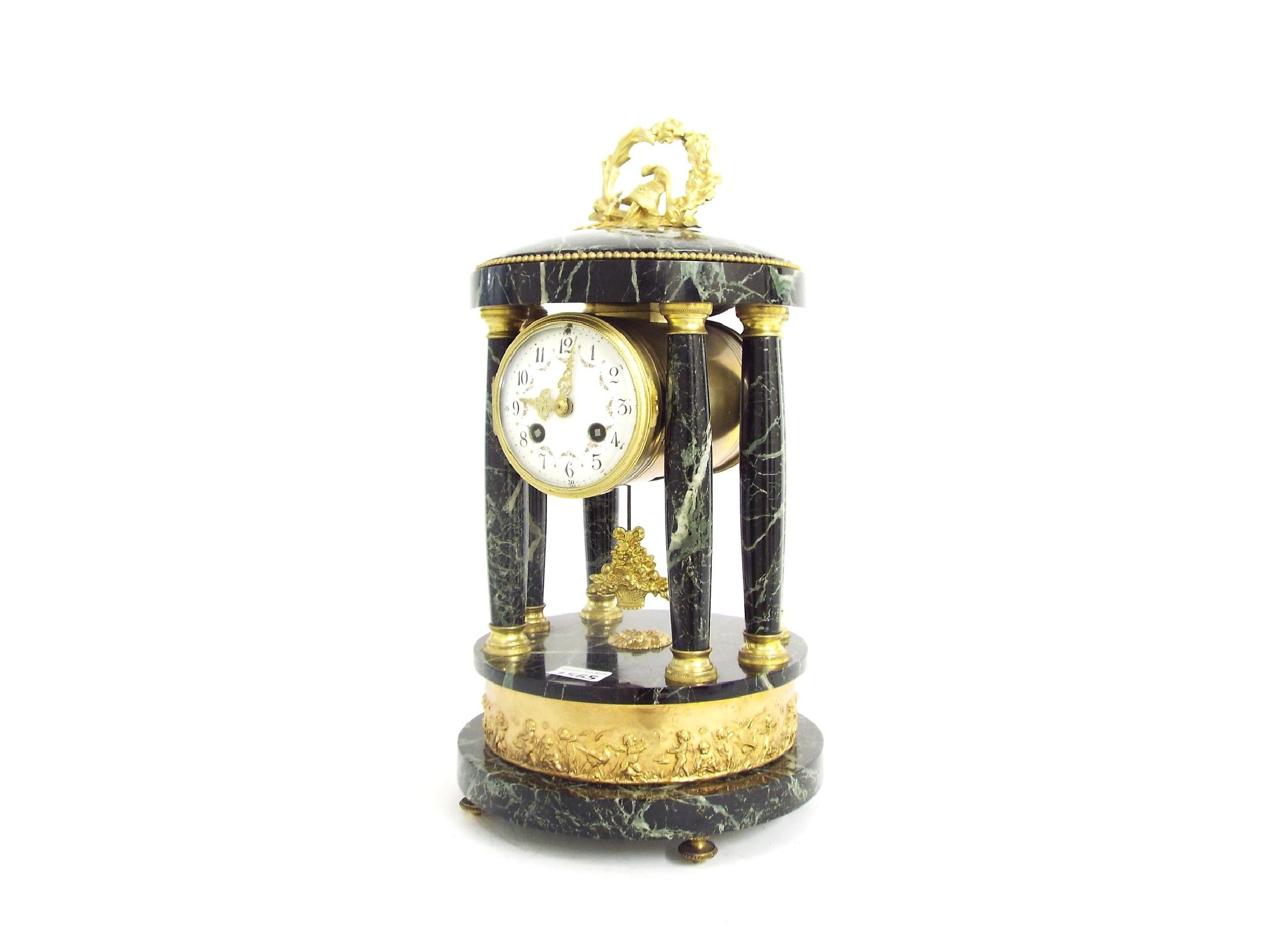 Appraisal: Green marble portico type two train mantel clock the movement