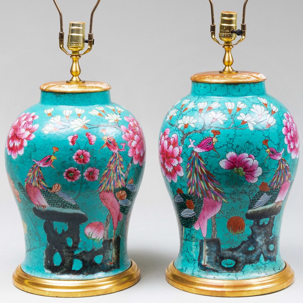 Appraisal: Pair of Chinese Turquoise Ground Jars Mounted as Lamps The