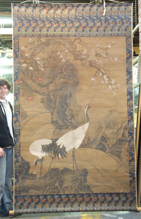 Appraisal: LARGE ANTIQUE ORIENTAL HAND PAINTED SCROLL Depicting a crane in