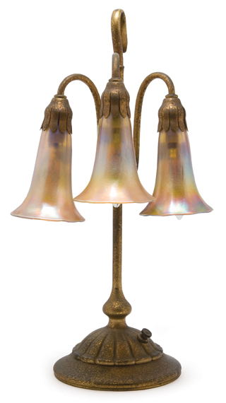 Appraisal: Tiffany Studios Gilt-Bronze and Favrile Glass Three-Light Lily Lamp Estimate