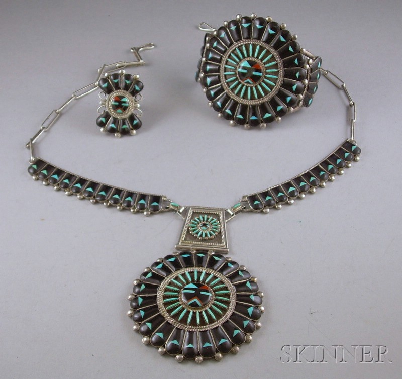 Appraisal: Three-piece Zuni Jewelry Set silver with matching inset stones