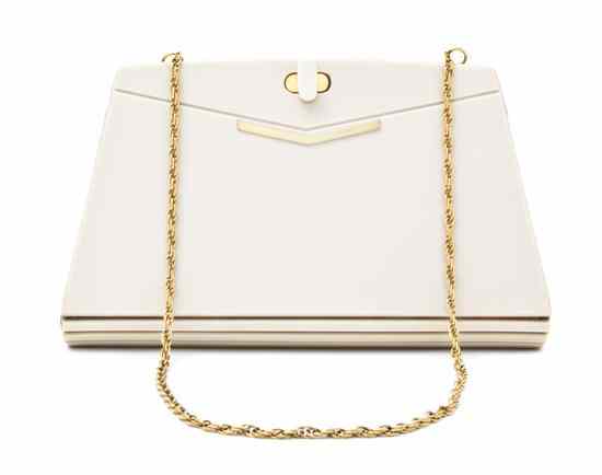 Appraisal: A Mario Valentino Cream Plastic Clutch goldtone hardware hidden chainlink