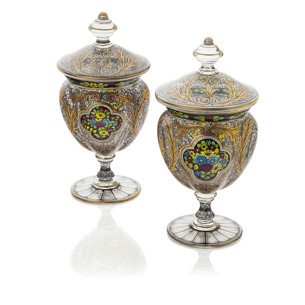 Appraisal: PAIR OF JULIUS MUHLHAUS PAINTED AND GILT GLASS COVERED JARS