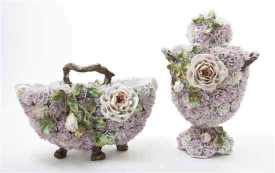 Appraisal: Two Continental Porcelain Flower Encrusted Table Articles comprising a basket