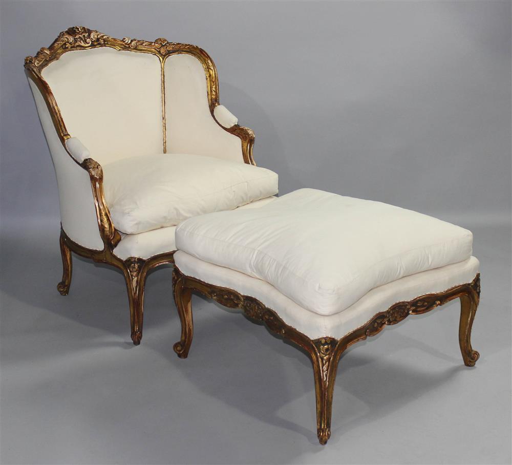 Appraisal: LOUIS XV STYLE GILT AND MUSLIN UPHOLSTERED BERGERE WITH MATCHING