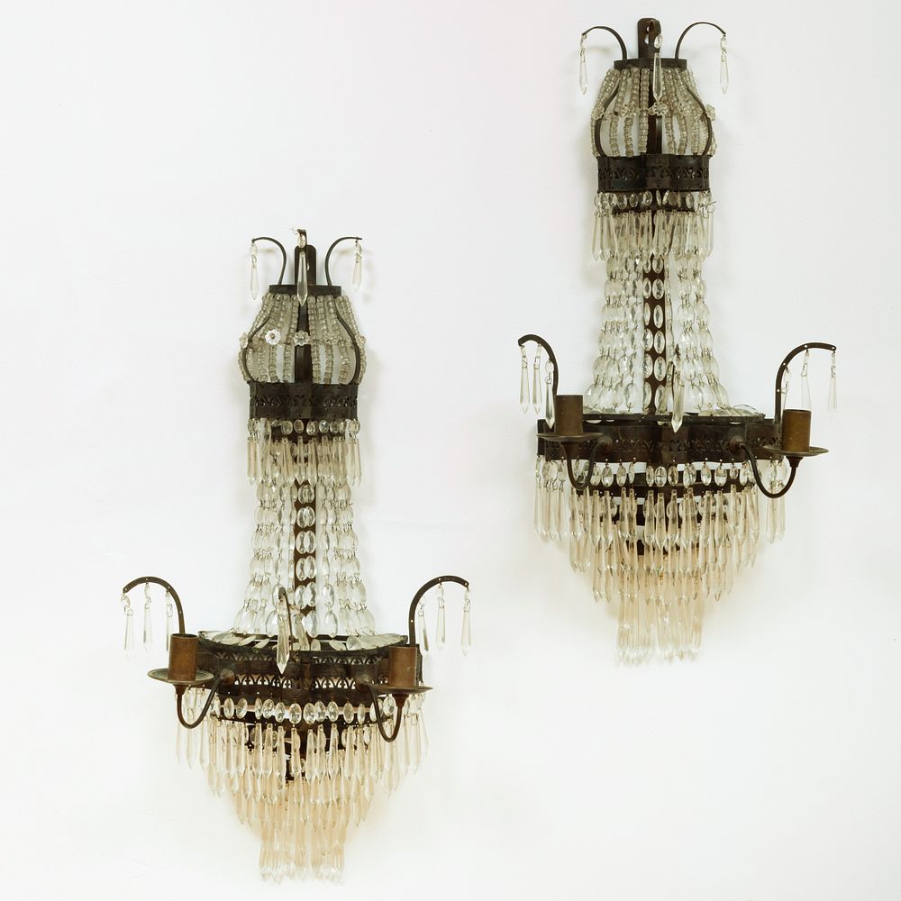 Appraisal: Pair of Cut Glass and Patinated-Metal Two-Light Wall Lights x