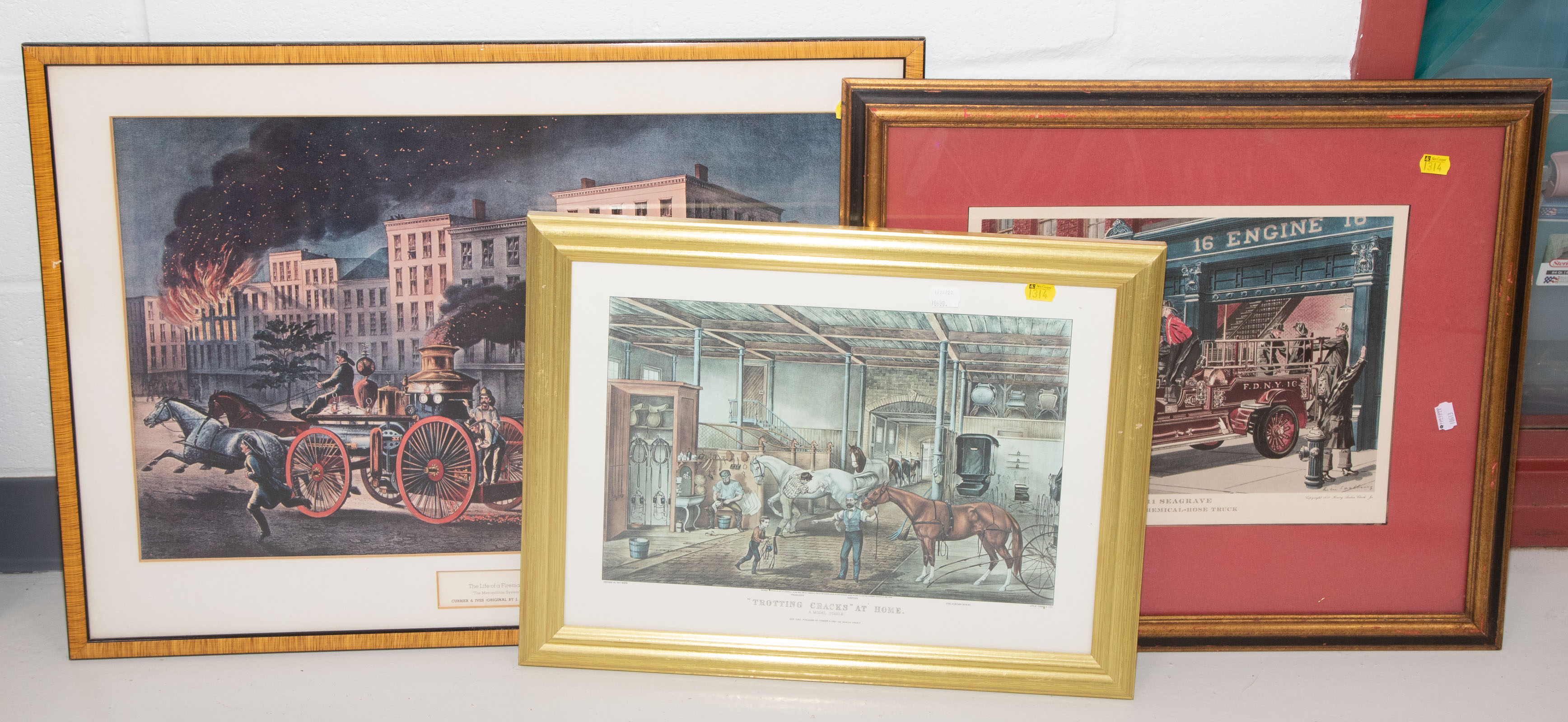 Appraisal: THREE FRAMED FIRE HORSE STABLE PRINTS