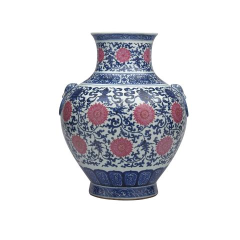 Appraisal: Large Pink-Enamelled Blue and White Ming-Style Hu Vase Qianlong Mark