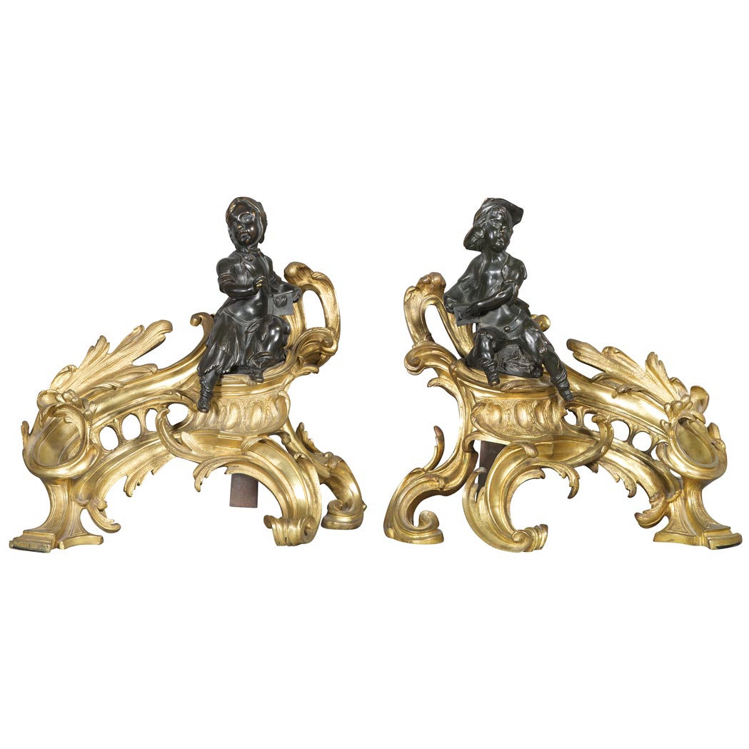 Appraisal: Pair of Louis XV Style Gilt and Patinated-Bronze Chenets Comprising