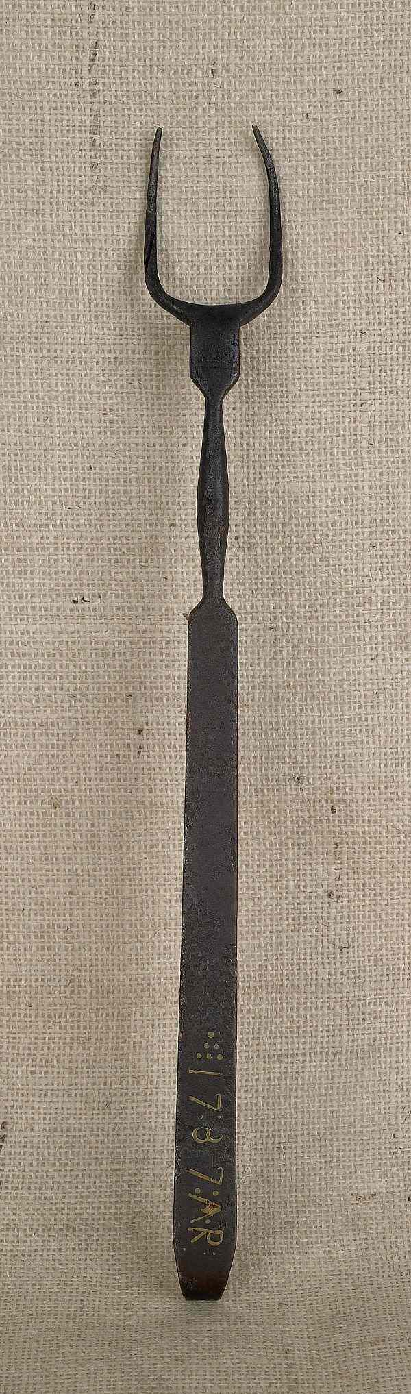 Appraisal: Pennsylvania wrought iron flesh fork with brass inlay inscribed AR