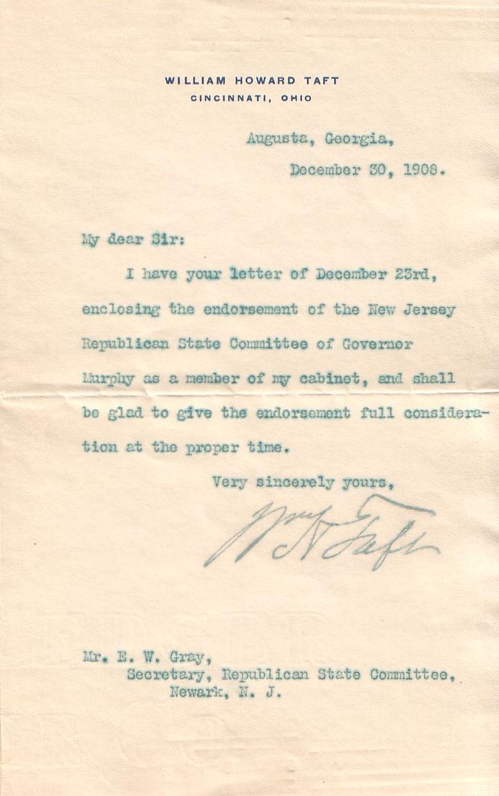 Appraisal: NEW JERSEY REPUBLICANS SUPPORT TAFT TAFT WILLIAM HOWARD Typed Letter