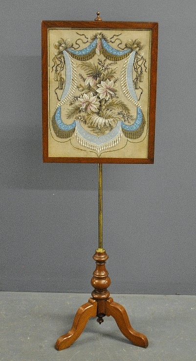 Appraisal: - Mahogany framed pole screen c with floral beadwork panel