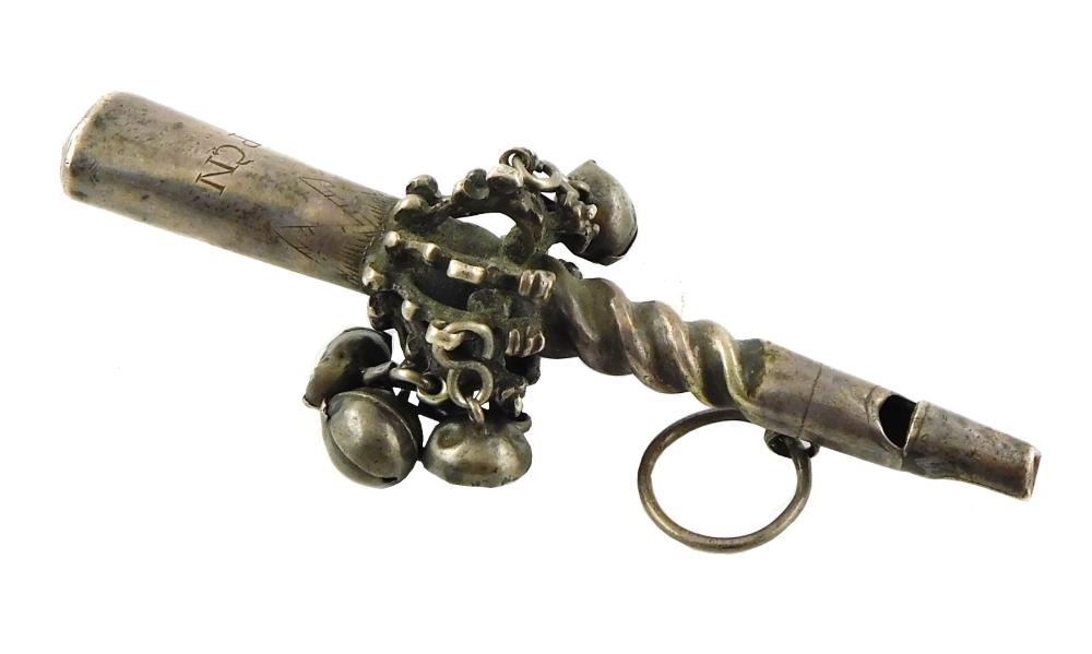 Appraisal: SILVER Baby rattle and whistle late th early th C