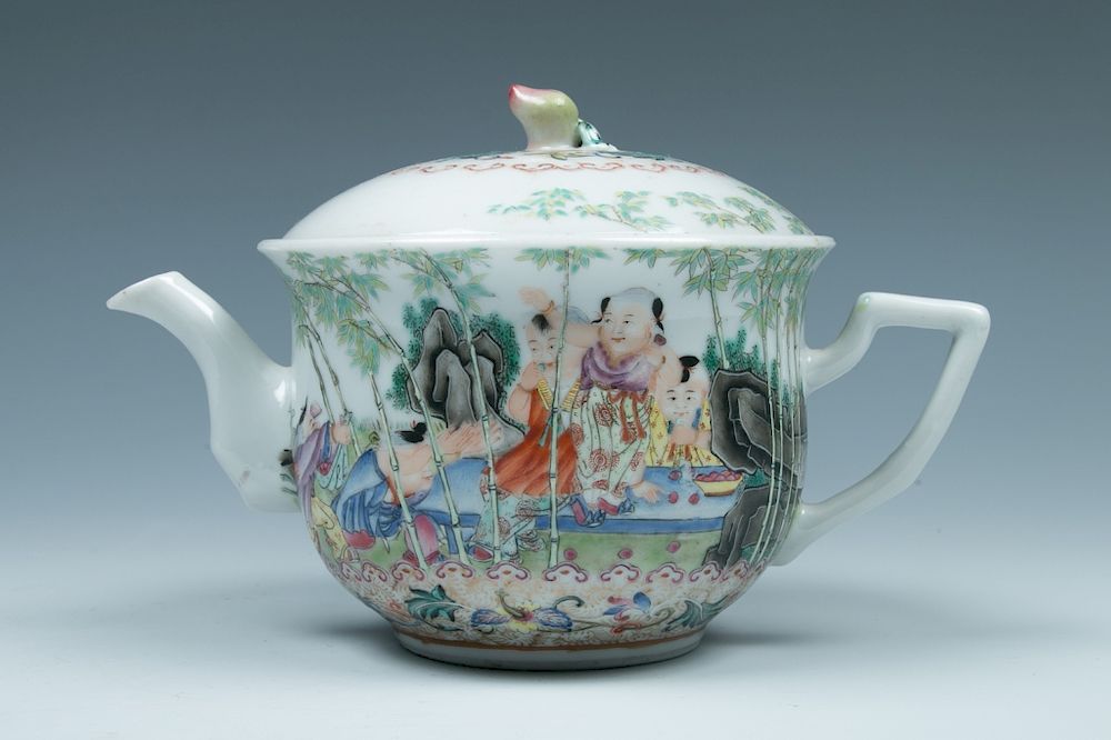 Appraisal: FAMILLE ROSE 'BOYS AND BAMBOO' TEAPOT AND COVER The globular