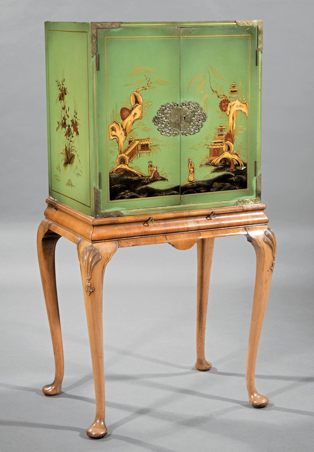 Appraisal: Georgian-Style Chinoiserie Lacquered Chest-on-Stand shelf interior faded mahogany stand with