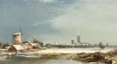 Appraisal: HENRY BRIGHT - A SNOW COVERED LANDSCAPE WITH WINDMILLS AND