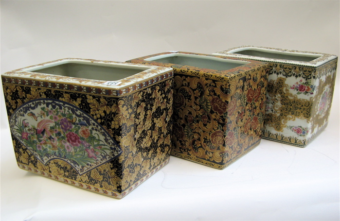 Appraisal: THREE CHINESE POTTERY PLANTERS rectangular form complimentary designs ornate floral