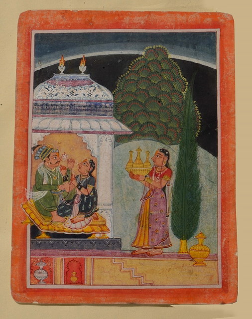 Appraisal: AN INDIAN MINIATURE PAINTED WITH MAIDSERVANT APPROACHING A PRINCE with