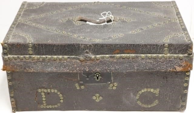 Appraisal: EARLY TH C LEATHER COVERED DOCUMENT BOX WITHBRASS TRIM AND