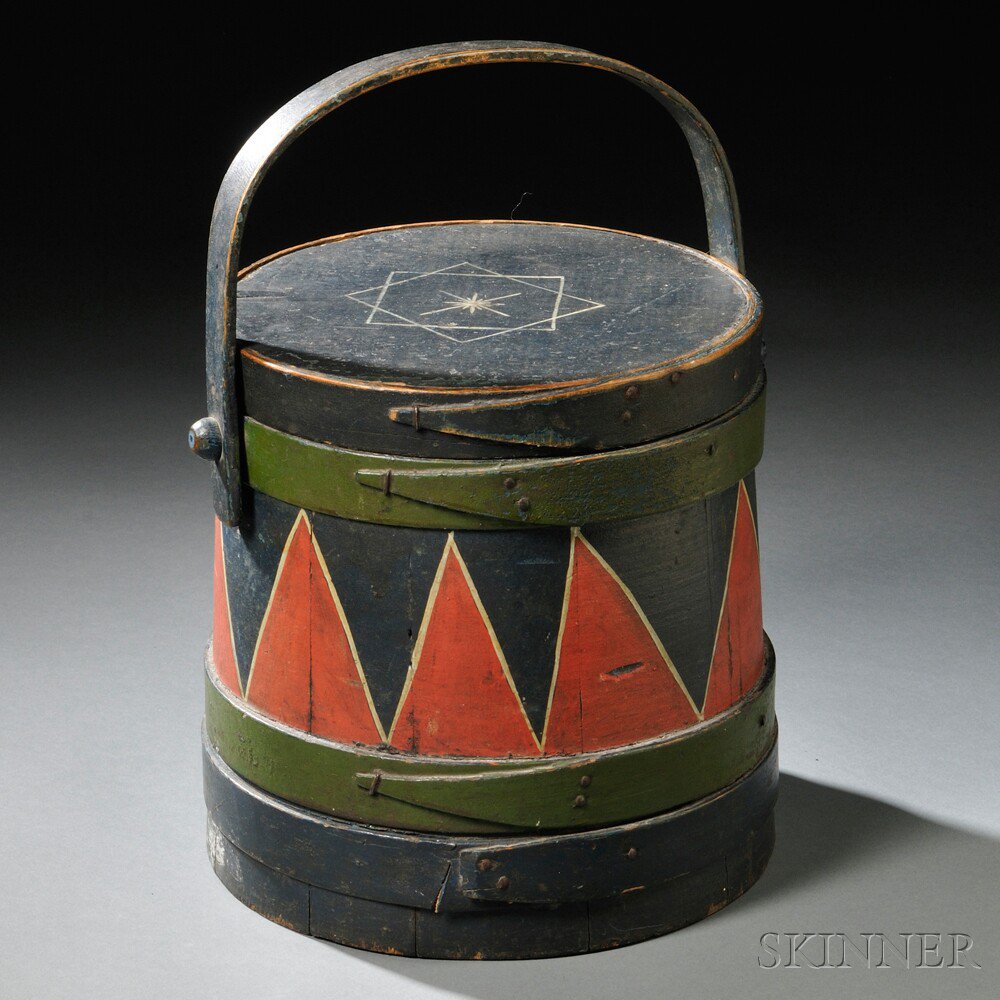 Appraisal: Paint-decorated Firkin with Swing Handle America c stave and lapped-seam