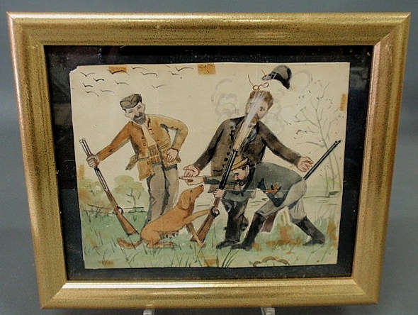 Appraisal: Watercolor comedic painting of a hunting mishap with hunting dog