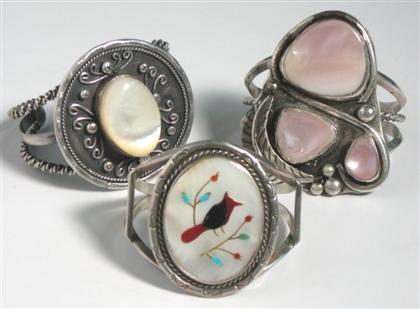 Appraisal: Three Southwest American Indian silver and stone cuff bracelets th