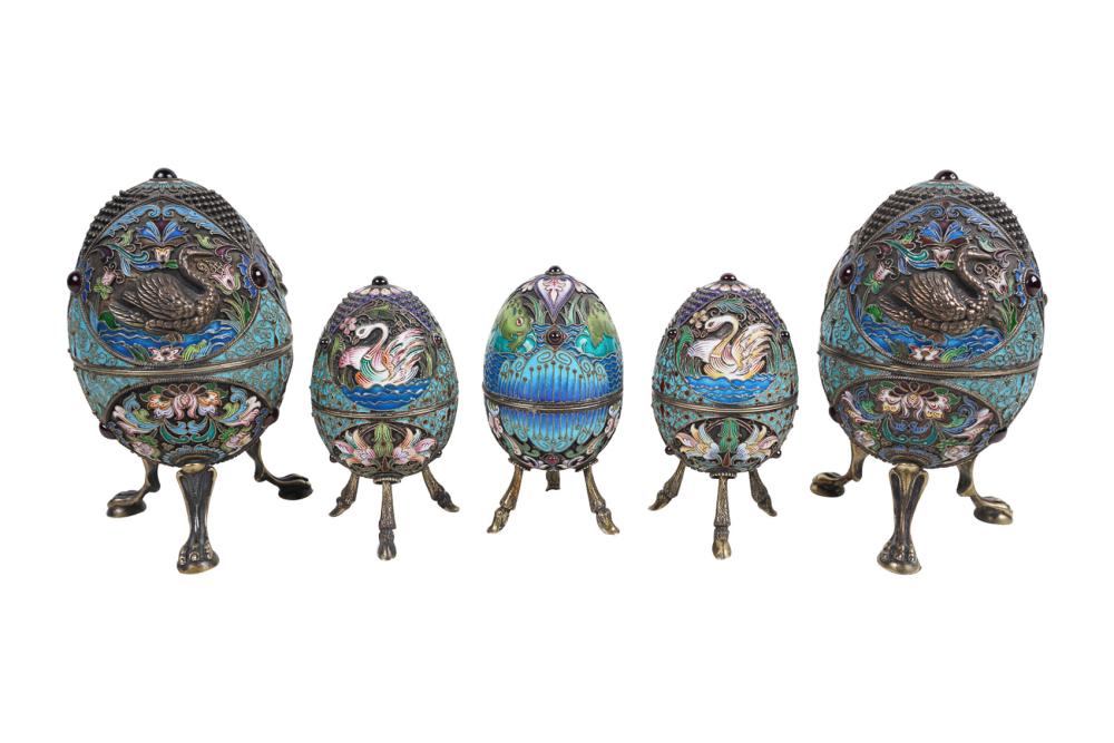 Appraisal: SET OF RUSSIAN SILVER CLOISONNE ENAMEL EGGS - Moscow comprising