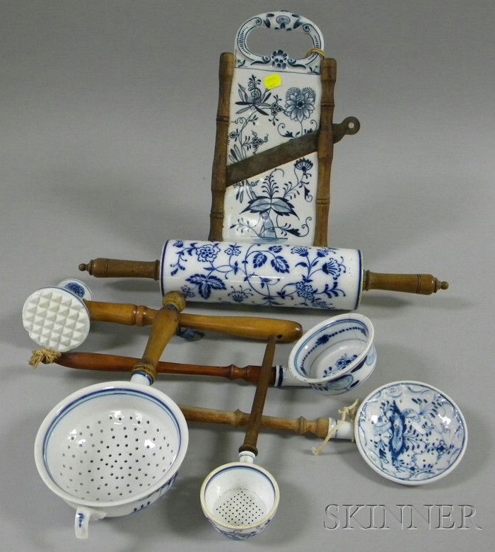 Appraisal: Seven German Blue and White Meissen-style Decorated Porcelain Kitchen Items