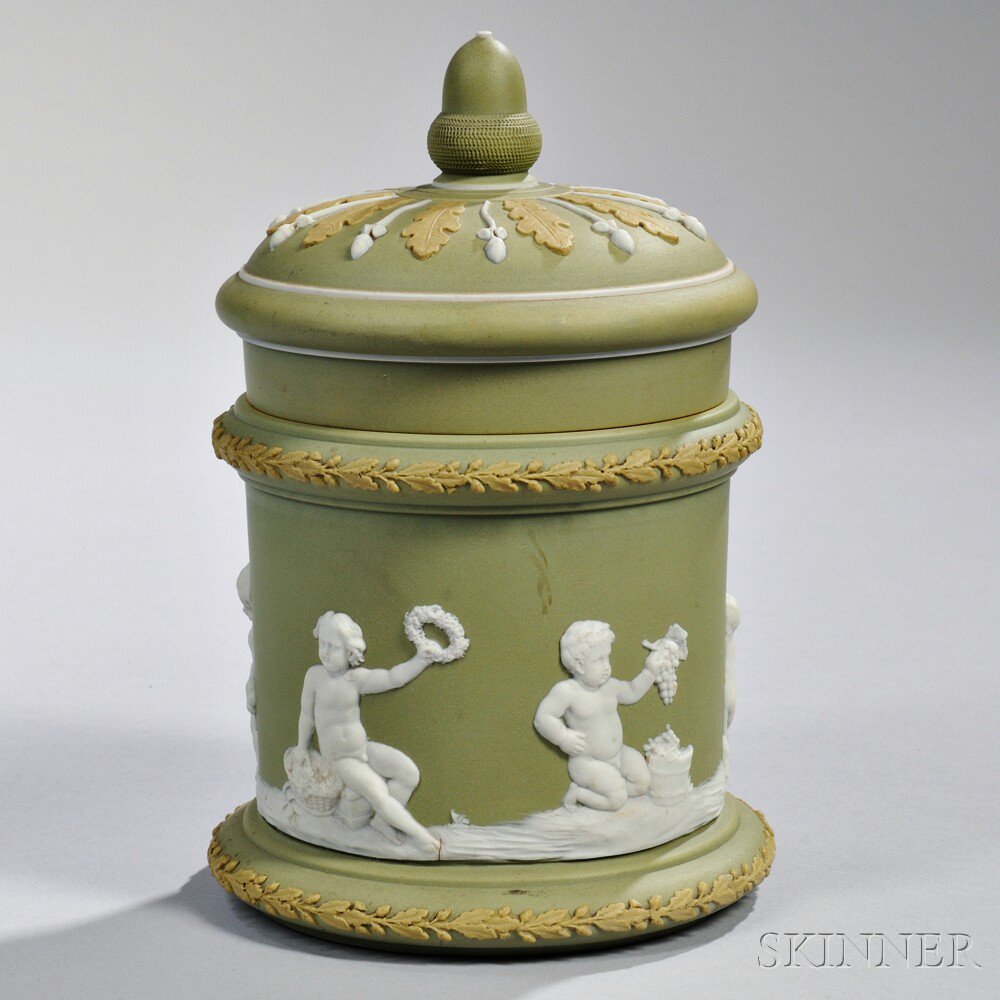 Appraisal: Wedgwood Tricolor Jasper Dip Tobacco Jar and Cover England late