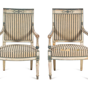 Appraisal: A Pair of Directoire White and Blue Painted Fauteuils Circa