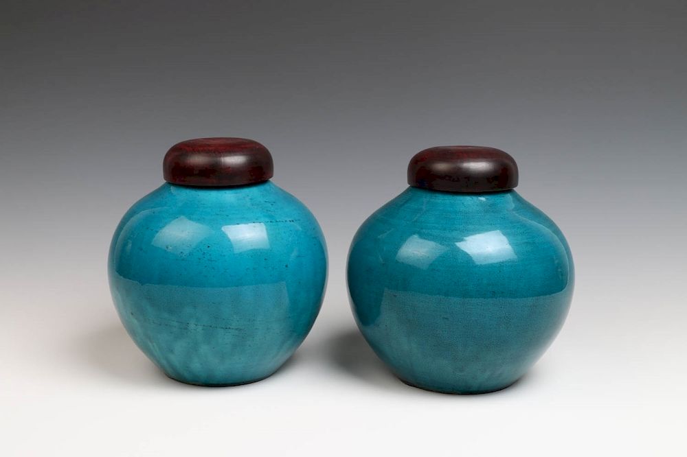 Appraisal: PAIR OF EXPORT TURQUOISE GLAZED GINGER JARS KANGXI PERIOD -