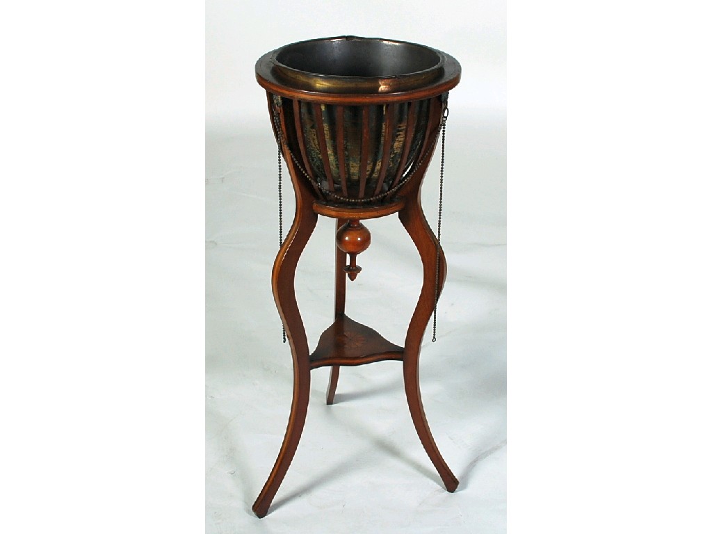 Appraisal: EDWARDIAN INLAID MAHOGANY JARDINIERE the circular basket top with brass