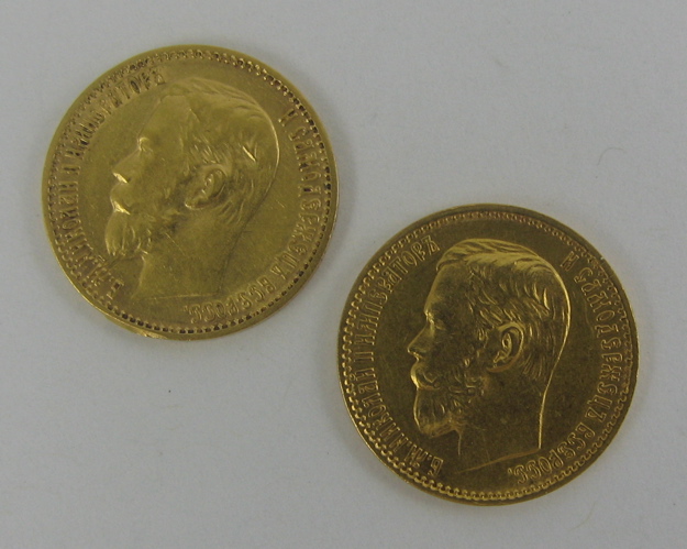 Appraisal: TWO RUSSIAN GOLD COINS both Nicholas II five Roubles fine