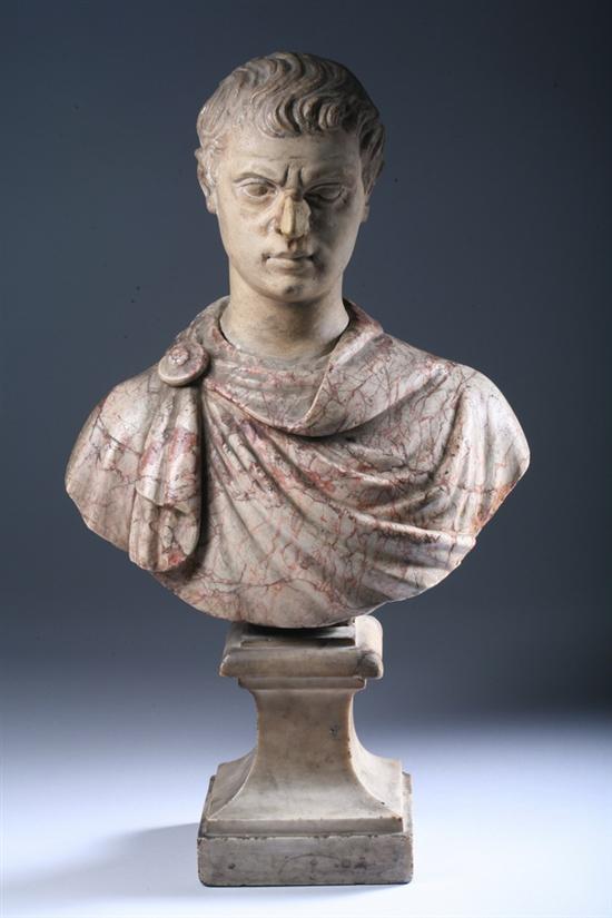 Appraisal: CONTINENTAL WHITE AND VARIEGATED MARBLE BUST OF A YOUNG ROMAN