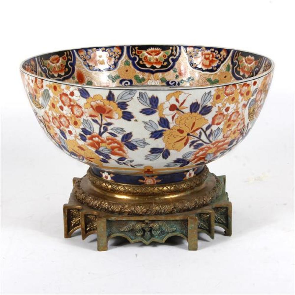 Appraisal: FINE LARGE CHINESE IMARI PORCELAIN ORIENTAL PUNCH BOWL ON BRONZE